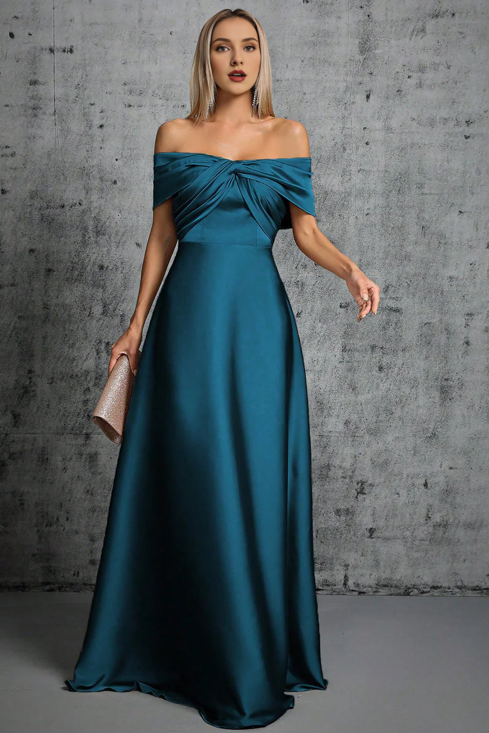 Peacock blue satin off shoulder pleated formal dress – LD Dress