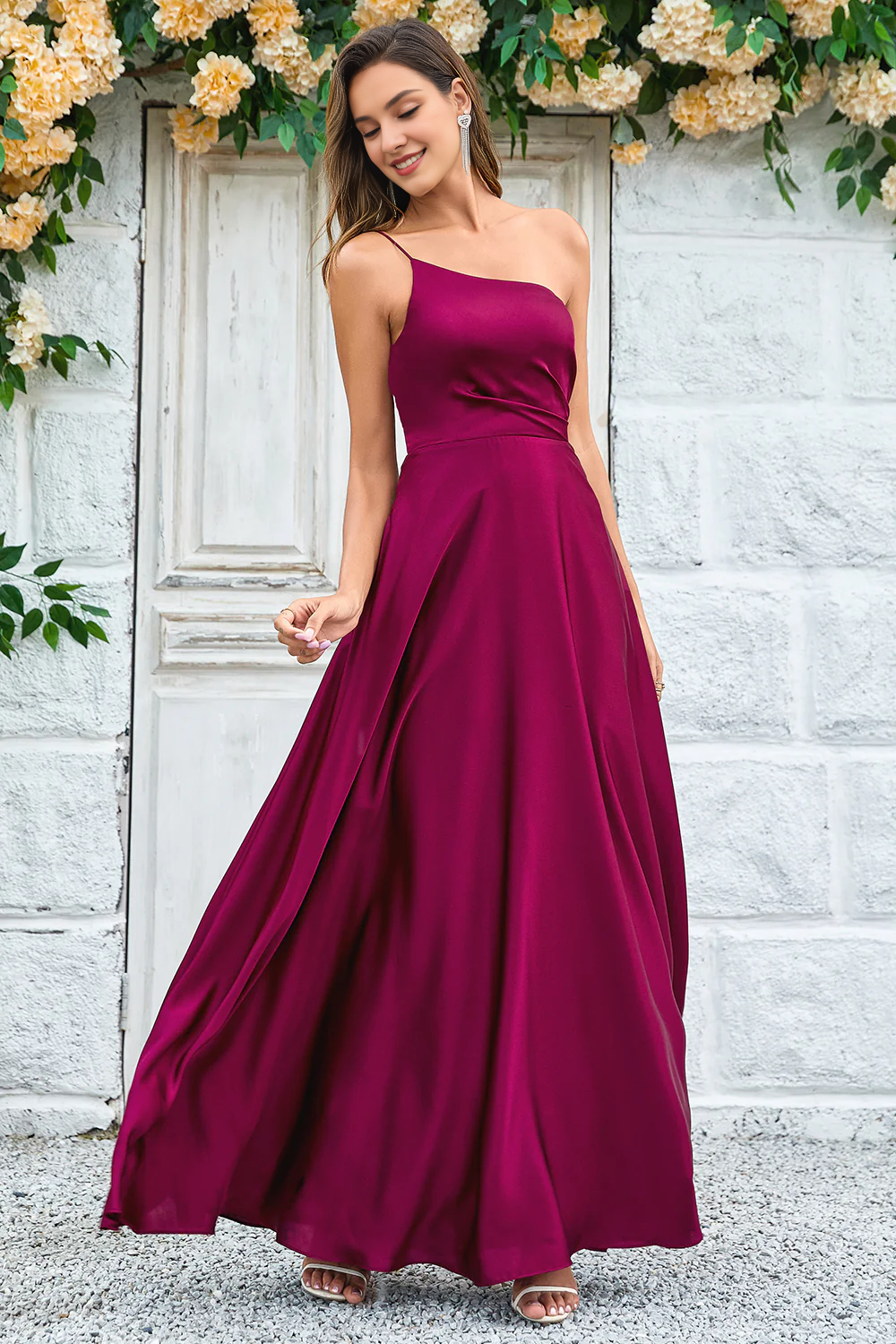 A-Line Off-The-Shoulder Floor-Length Satin Bridesmaids Dress
