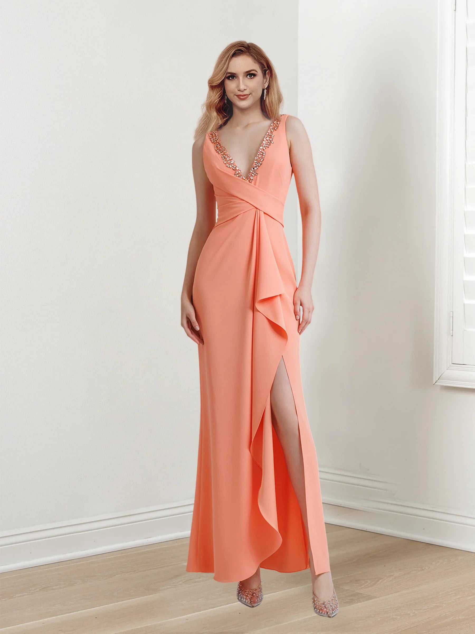 V-Neck Long Sleeve Floor-length Dress With Slit Cabernet