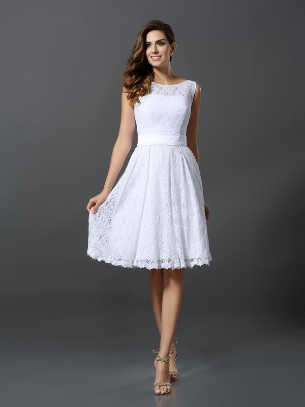 A-Line/Princess Lace Short Sleeves Scoop Neck Floor-Length Junior Bridesmaid Dresses