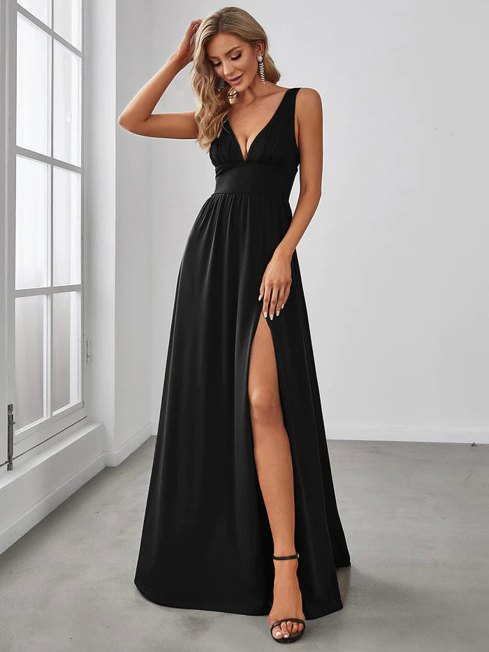 V-Neck Long Sleeve Floor-length Dress With Slit Steel Grey main image 1
