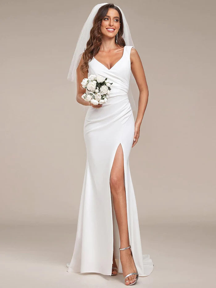 Ruched Bodycon Deep V-Neck Sleeveless Simple Wedding Dress – LD Dress