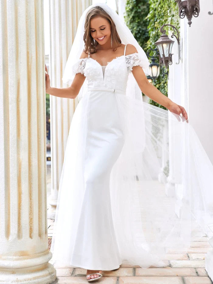 Cold Shoulder V-Neck Double Layer Wedding Dress – LD Dress