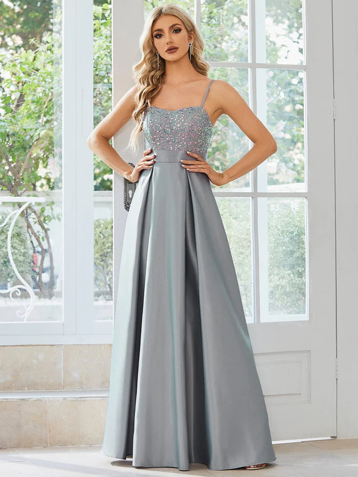 Gorgeous A Line Spaghetti Straps Sequin Silver Long Prom Dress Party Dress Graduation Dresses DP713