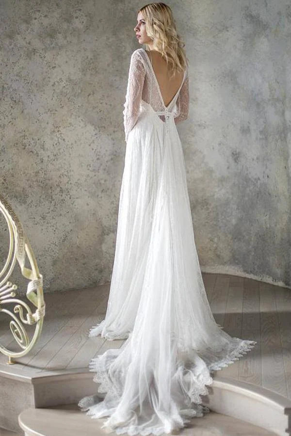 Elegant A Line V Neck Long Sleeve Ivory Lace Backless Beach Boho Weddi