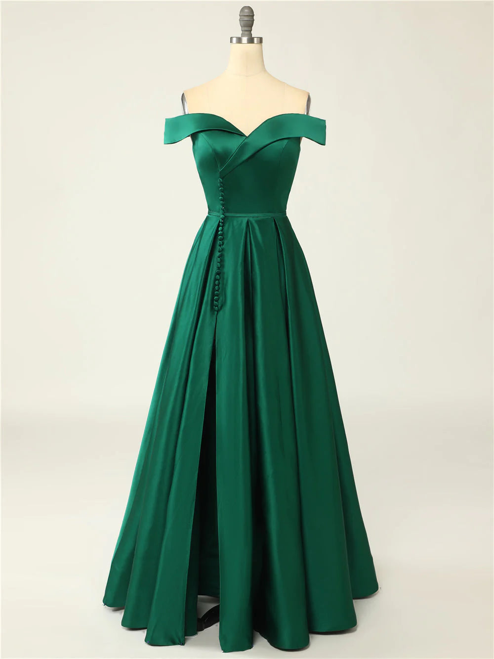 Sexy A-Line Long Off The Shoulder High Slit Satin Prom Dresses  LD Dress