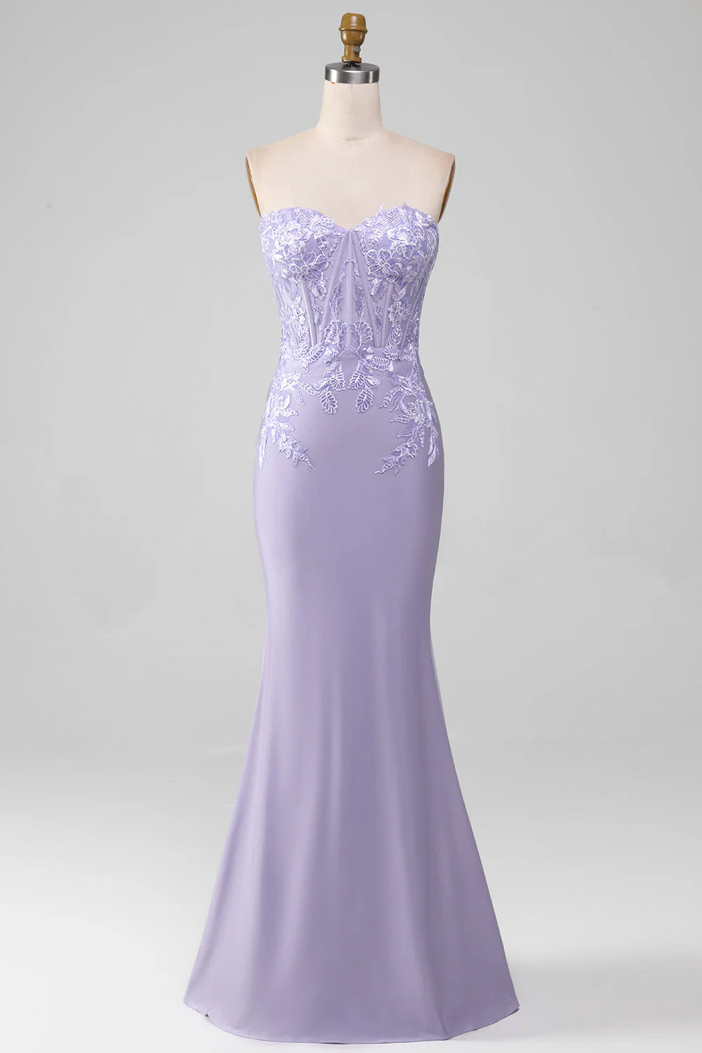 Light purple tight strapless lace applique tight fitting corset prom d
