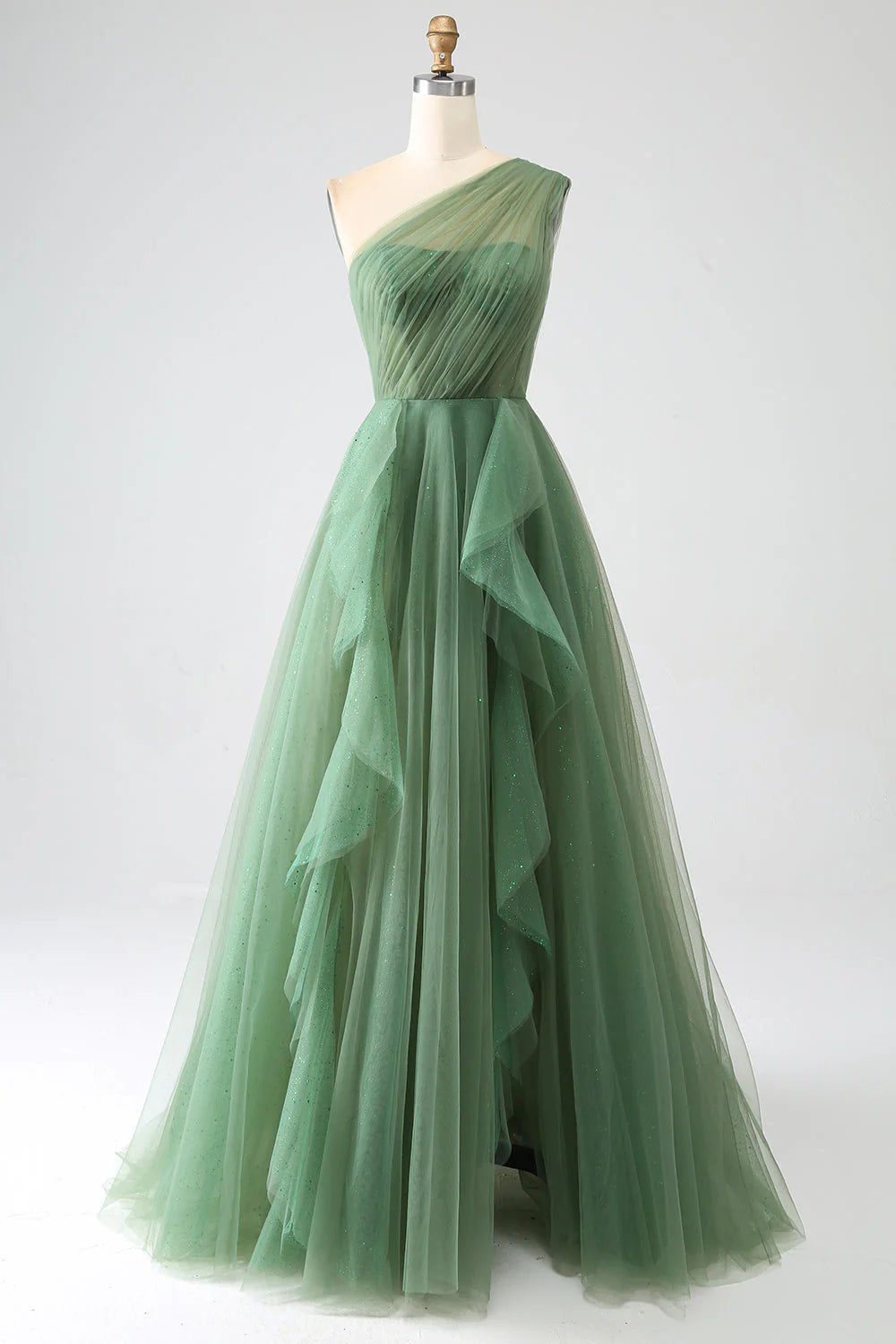 Deep green sheer A-shaped shoulder length prom dress – LD Dress