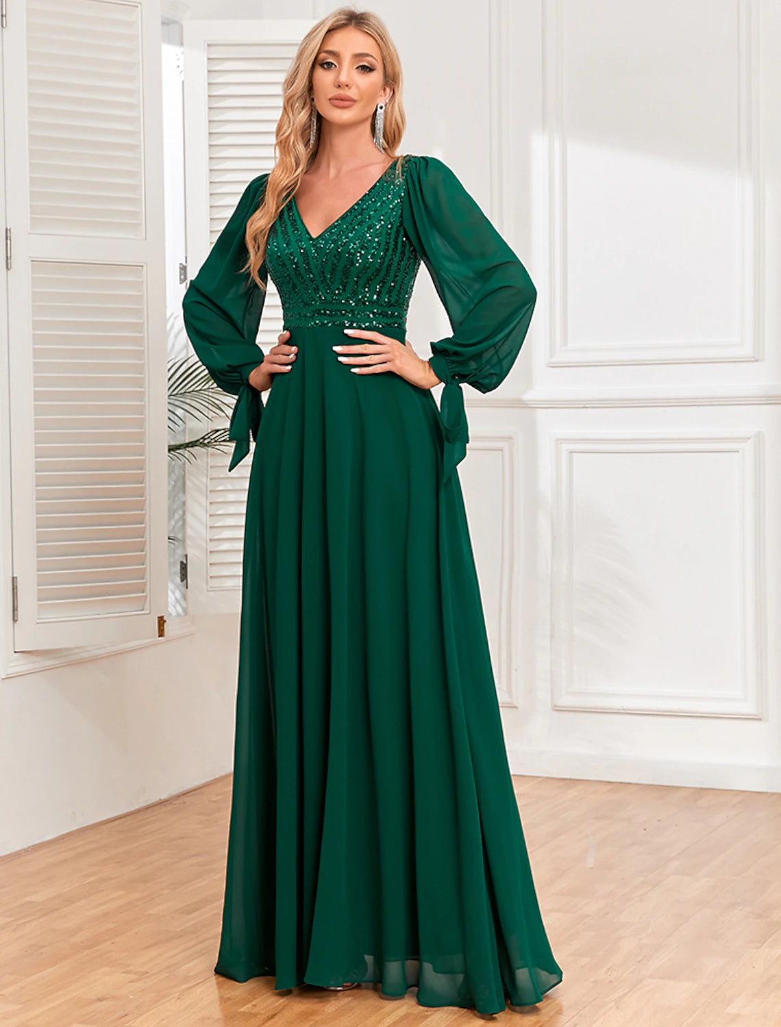 A-Line Evening Gown Empire Dress Evening Party Floor Length Long Sleev