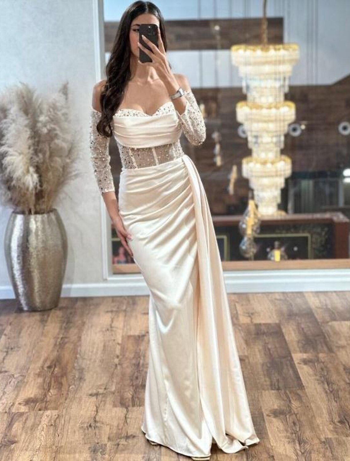 Elegant Sheath Strapless Cowl Neck Sleeveless High Slit Floor Length Prom Dress main image 1