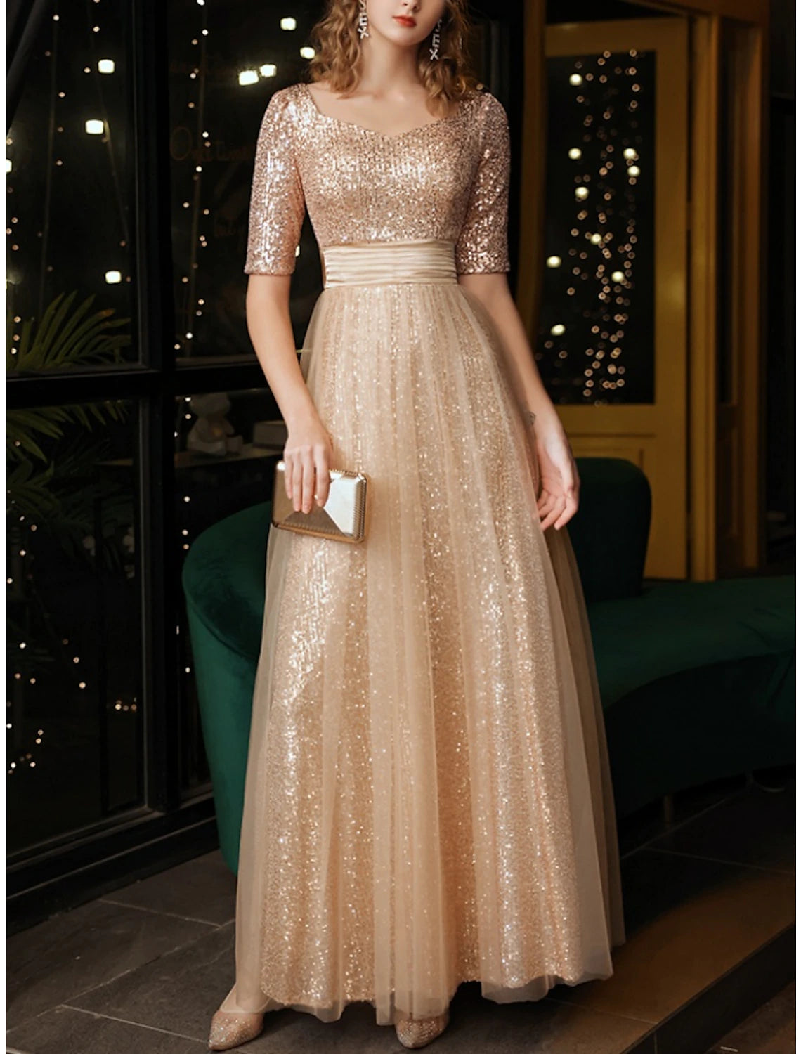 A-Line Prom Dresses Elegant Dress Formal Ankle Length Short Sleeve Squ