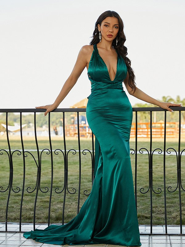 Sheath/Column Ruched V-neck Sleeveless Sweep/Brush Train Dresses main image 1