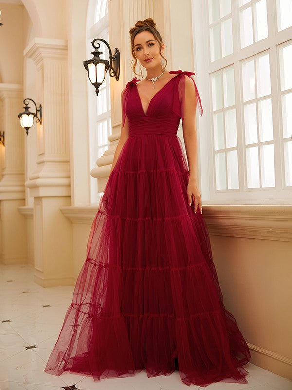 A-Line Princess Tulle Ruffles V-neck Sleeveless Floor-Length Dresses,DP0288 main image 1