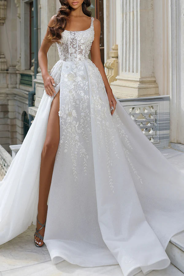 Dream Square Neck Split Lace Appliques Wedding Dresses, Backless Bridal Gown main image 1