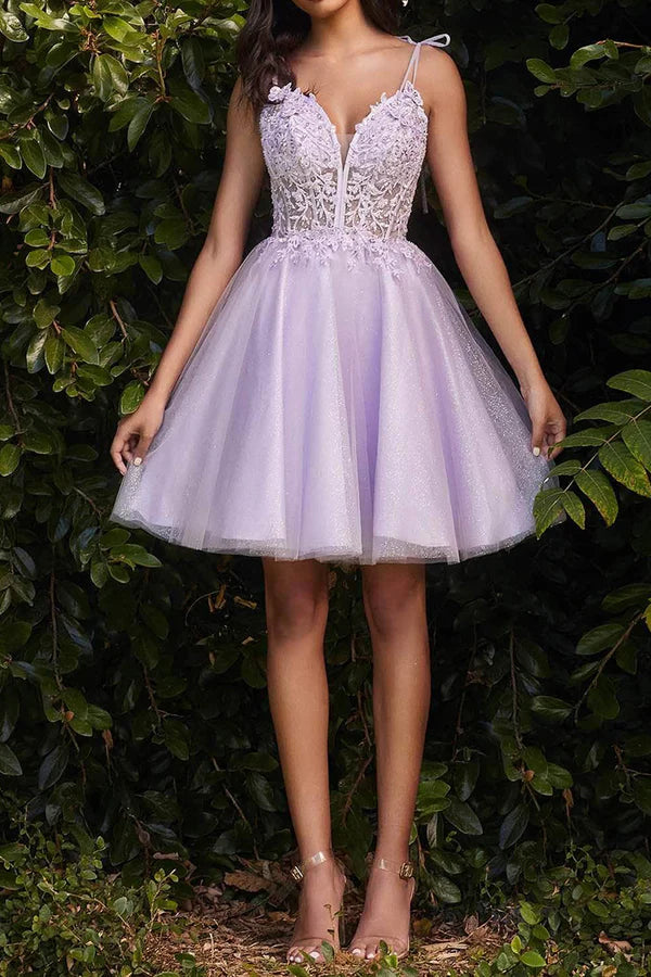 Cute V Neck V Back Sleeveless Lace Beautiful Knee-Length Homecoming Prom Dresses,220033