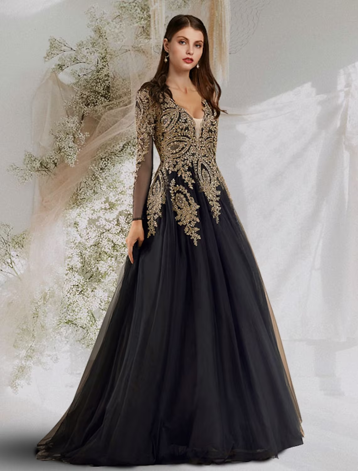 Ball Gown Luxurious Elegant Prom Formal Evening Dress V Neck Long Slee
