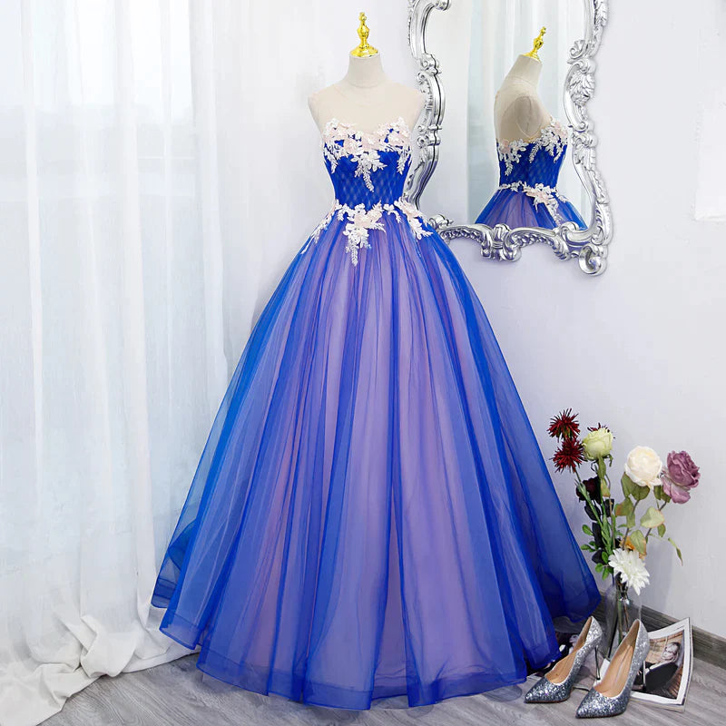 Unique Blue and Pink Formal Gown with Lace, Sweetheart Blue Floor Leng