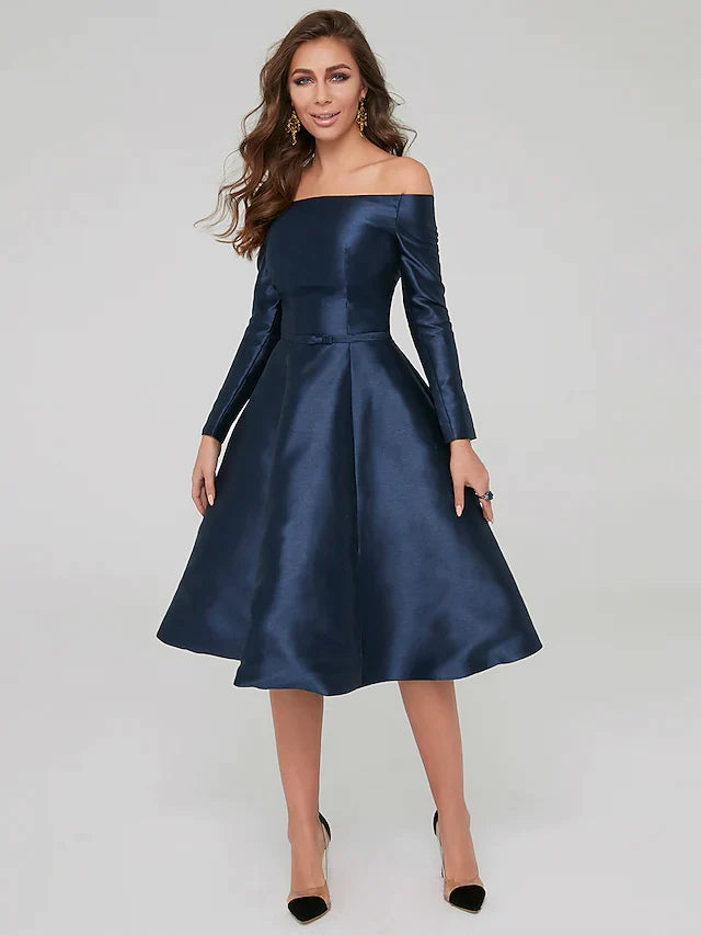 A-Line Dresses Party Dress Wedding Knee Length Long Sleeve Off Shoulde