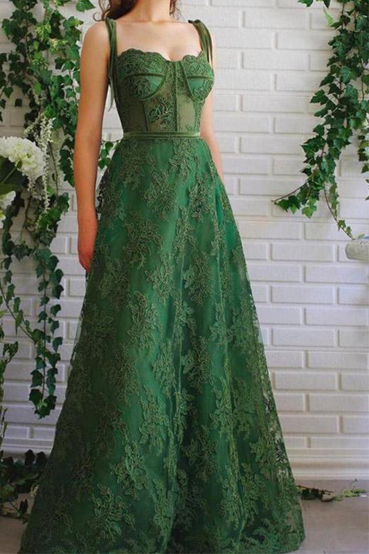 A Line Dark Green Lace Prom Dresses Spaghetti Straps Neck Formal Dress