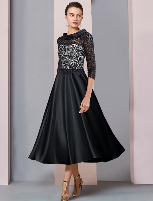 A-Line Mother of the Bride Dress Formal Wedding Guest Party Elegant Bateau Neck Satin Lace Half Sleeve with Pleats Appliques