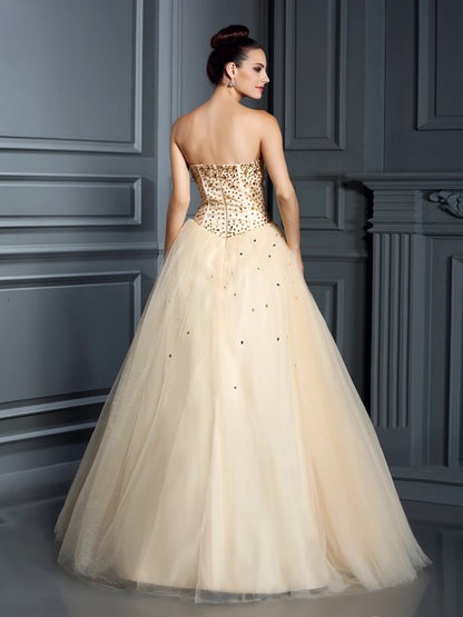 Ball Gown Sweetheart Beading Sleeveless Long Satin Quinceanera Dresses