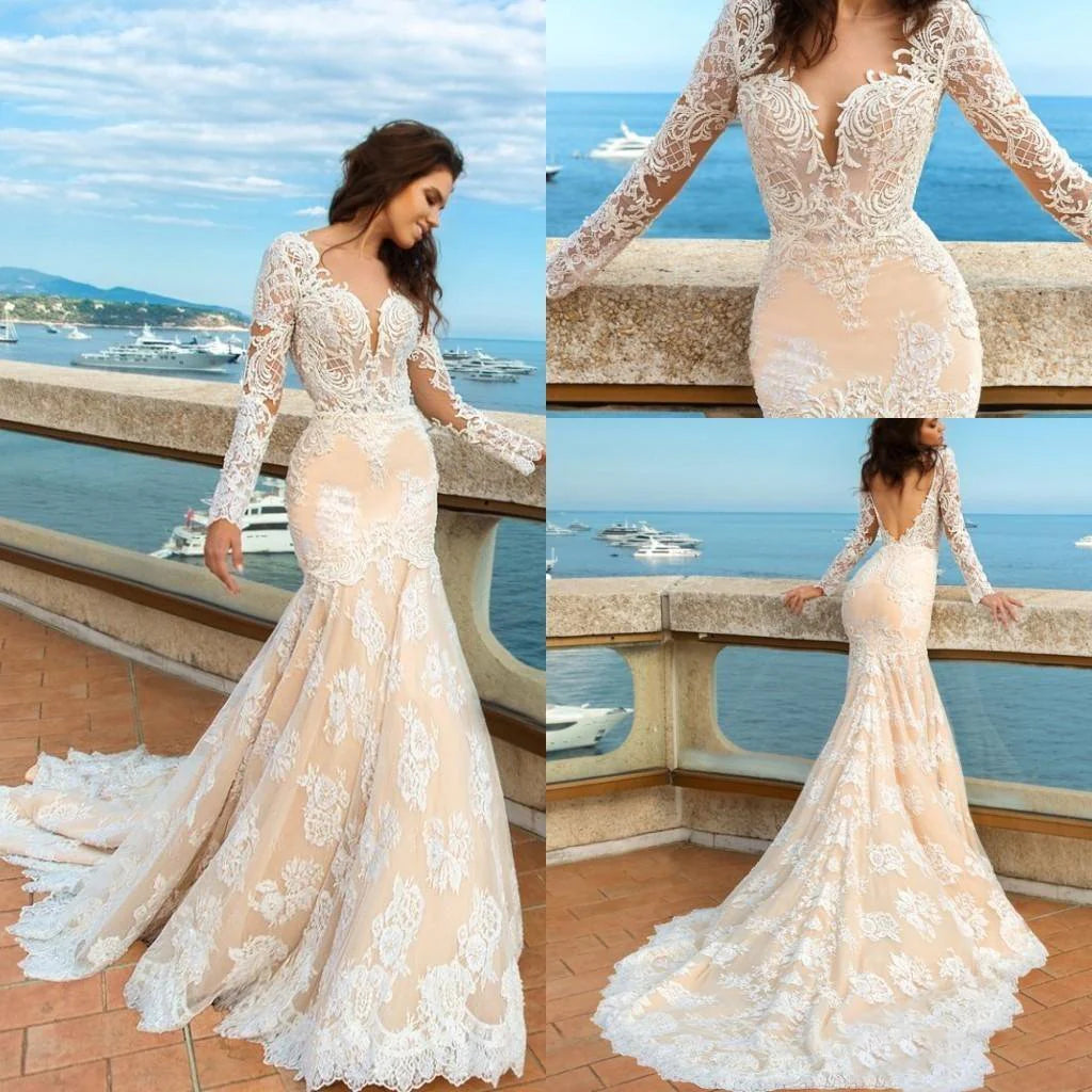 White Lace Mermaid Deep V-Neck Backless Long Sleeve Wedding Dresses