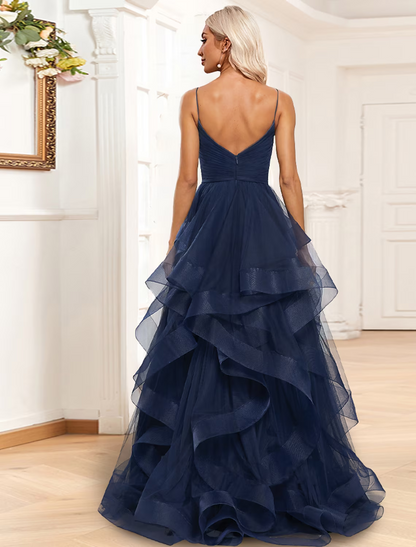 A-Line Evening Gown Tiered Dress Formal Sleeveless Strap with Ruched Ruffles Slit