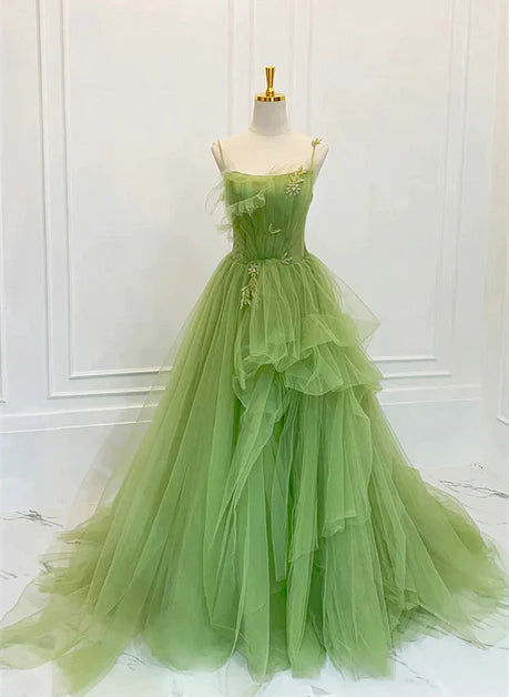 High end green sheer camisole long party dress with green backless sleeveless stickers, lace beaded ruffled edges for evening dress