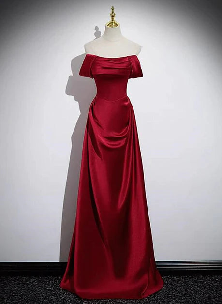 Elegant wine red satin shoulder length party dress with wine red A-line satin back strap and floor length evening dress