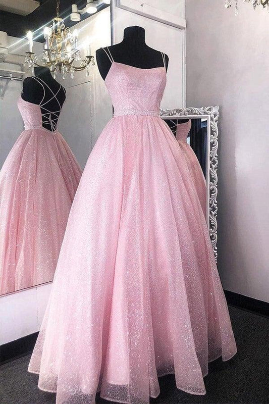 Glitter Princess Lace-Up Pink Long Prom Dress Evening Dress