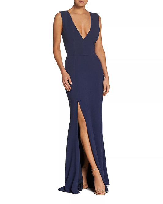 Deep V-neck off shoulder sleeveless and floor length front slit prom dress