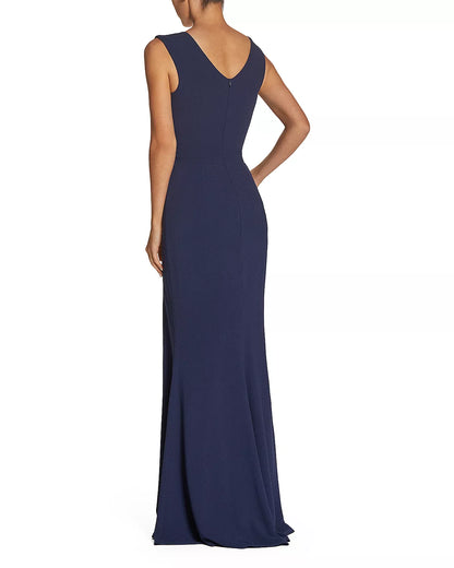 Deep V-neck off shoulder sleeveless and floor length front slit prom dress