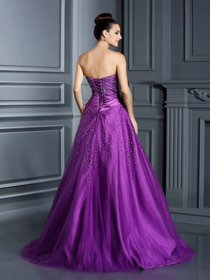 Ball Gown Sweetheart Beading Sleeveless Long Satin Quinceanera Dresses