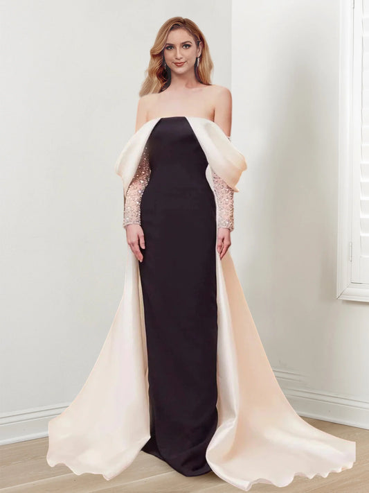 Tight fit/column off shoulder long sleeved and floor length evening dress