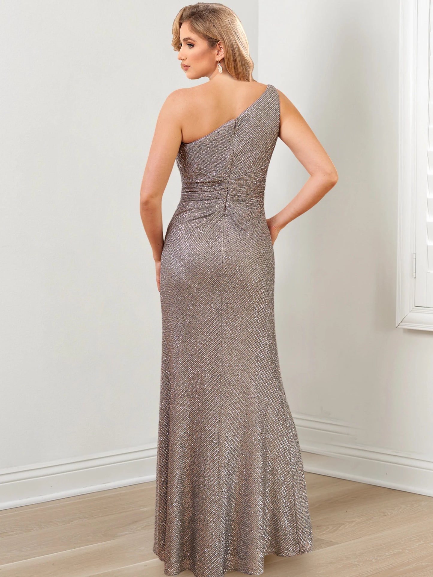 Tight fit/straight leg shoulder to ground length, mother of the bride dress