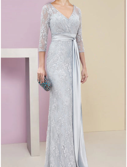 A-Line Mother of the Bride Dress Wedding Guest Elegant V Neck Floor Length Chiffon Lace 3/4 Length Sleeve with Ruching Solid Color