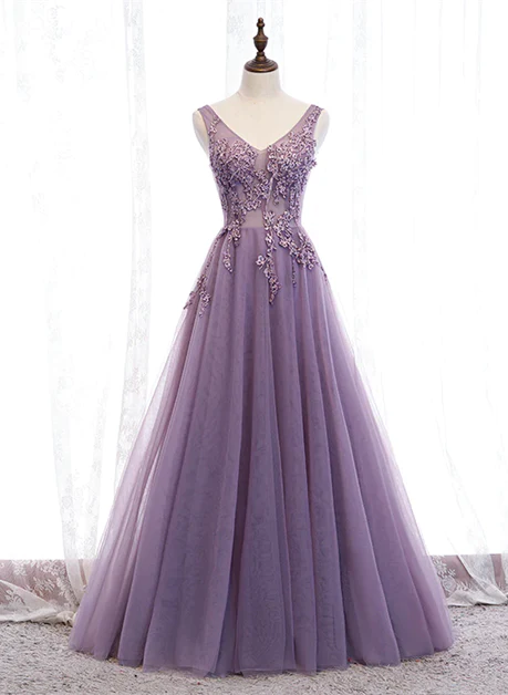 Elegant purple V-neck chiffon with lace and floor length party dress, purple A-shaped beaded sleeveless backless and floor length evening dress