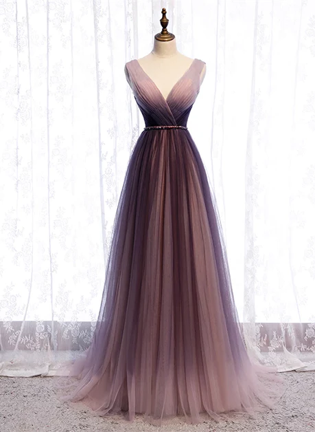 Unique/beautiful purple gradient V-neck sheer long ball dress, purple gradient sleeveless backless long evening dress