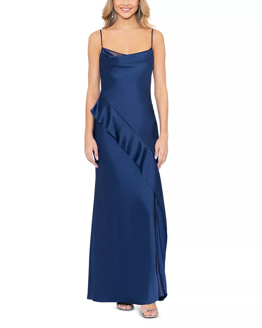 Thin shoulder strap off the shoulder draped with ruffled edges and ground length prom dress