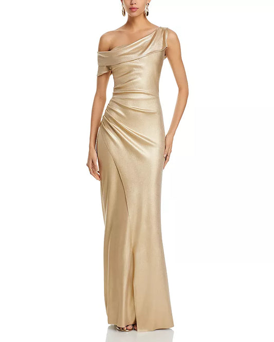 Asymmetric shoulder strap satin off shoulder and floor length pleated prom dress