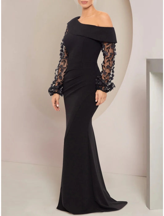 A-Line Mother of the Bride Dress Wedding Guest Elegant Off Shoulder Sweep / Brush Train Stretch Chiffon Long Sleeve with Ruched Appliques