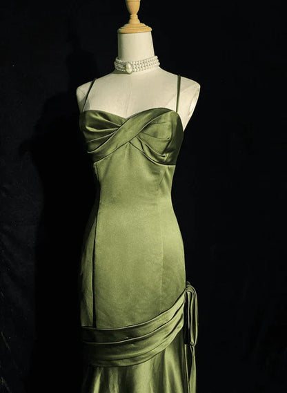 Elegant green satin sweetheart shoulder strap long evening dress, green backless long evening dress