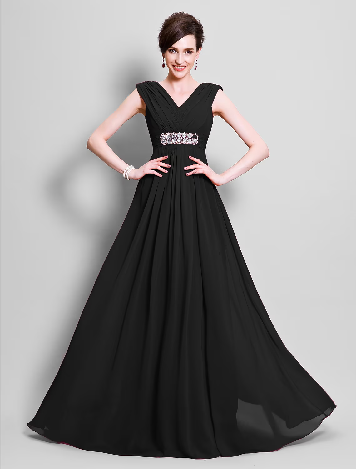 A-Line Mother of the Bride Dress Open Back V Neck Floor Length Chiffon Sleeveless with Beading Side Draping