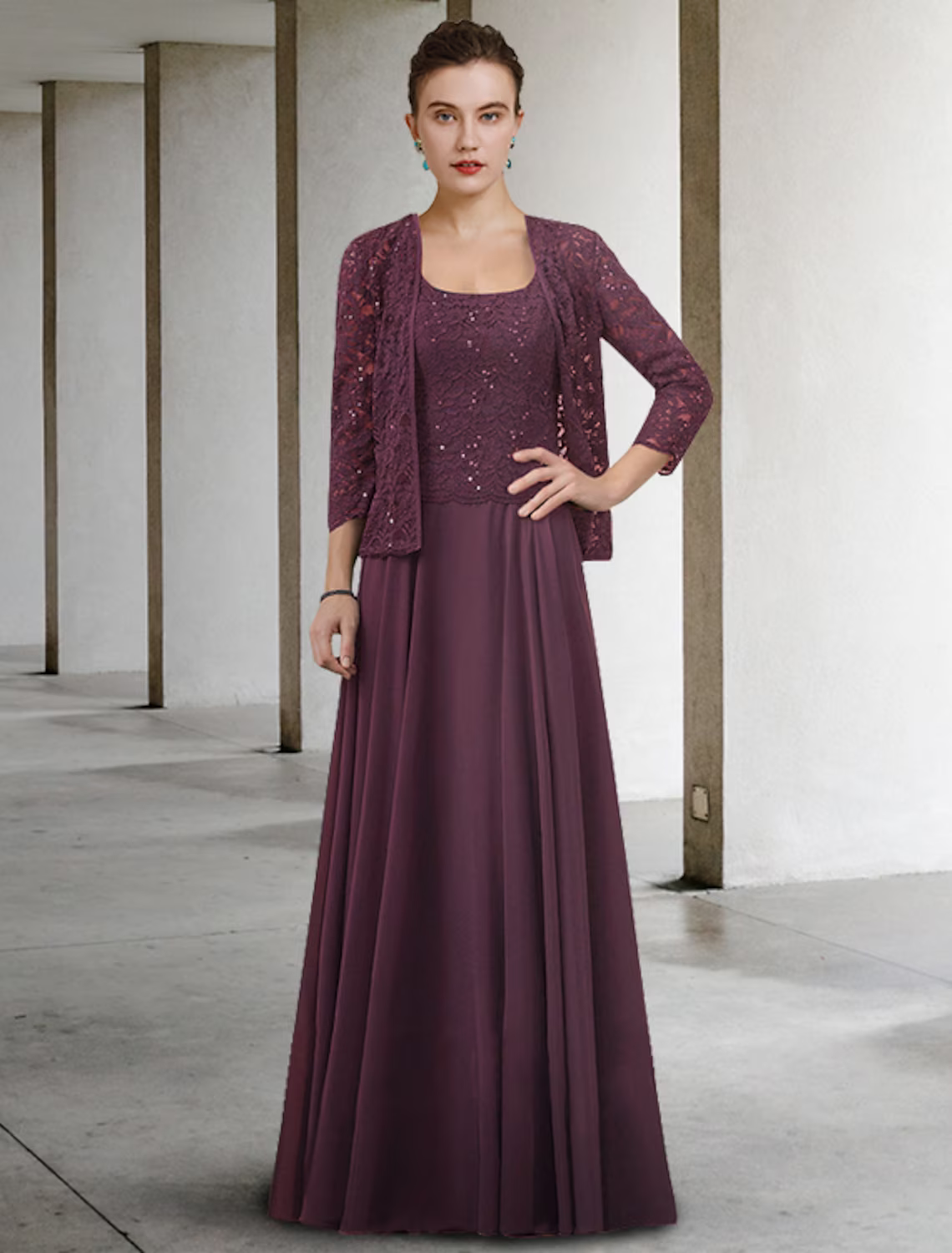 Two Piece A-Line Mother of the Bride Dress Elegant Floor Length Chiffon Lace Half Sleeve with Pleats