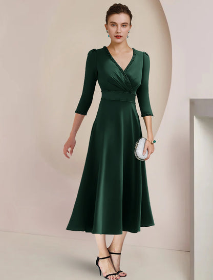 A-Line Mother of the Bride Dress Formal Wedding Guest Party Elegant V Neck Tea Length Stretch Fabric 3/4 Length Sleeve with Beading Side-Draped