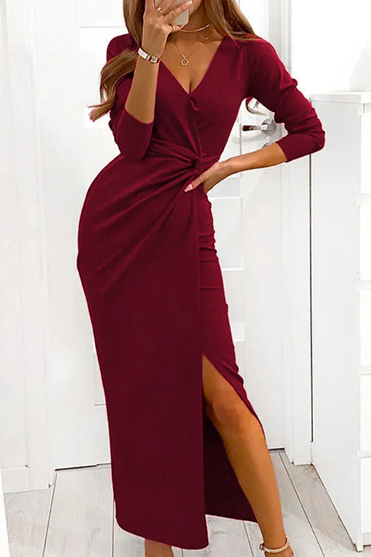 Fashionable and elegant solid color slit folding V-neck dress