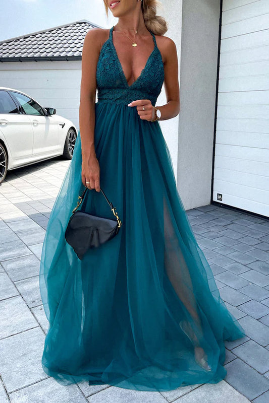 Elegant solid color mesh neck and floor length dress