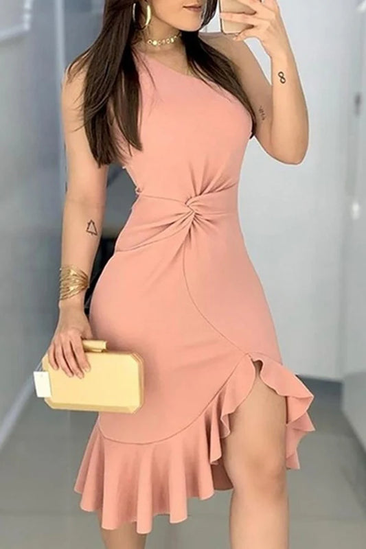 Elegant one shoulder flared fish tail short dress