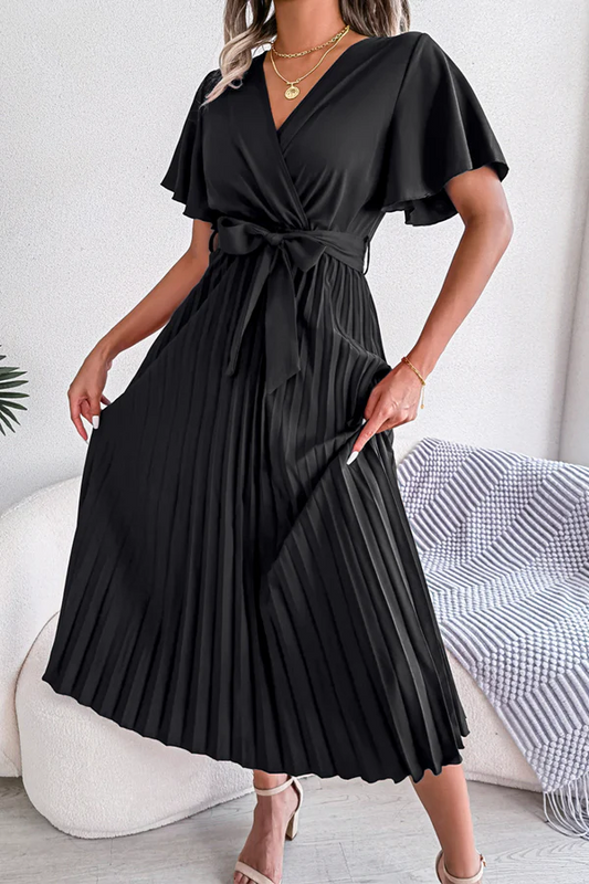 Solid color pleated V-neck high waisted skirt dress