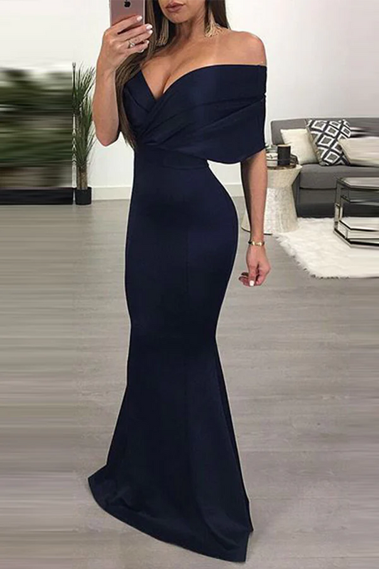 Elegant off shoulder flared fish tail off shoulder and floor length dress